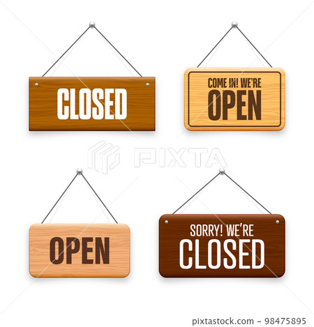 Wooden open or closed hanging signboards. Made of wood door sign for cafe, restaurant, bar or retail store. Announcement banner, information signage for business or service. Vector illustration 98475895