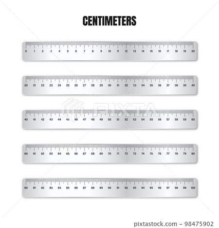 Realistic various shiny metal rulers with measurement scale and divisions, measure marks. School ruler, centimeter scale for length measuring. Office supplies. Vector illustration Realistic various shiny metal rulers with measurement scale and divisions, measure marks. School ruler, centimeter scale for length measuring. Office supplies. Vector illustration 98475902