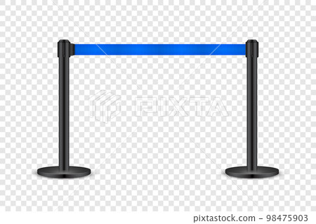 Realistic blue retractable belt stanchion. Crowd control barrier posts with caution strap. Queue lines. Restriction border and danger tape. Attention, warning sign. Vector illustration 98475903