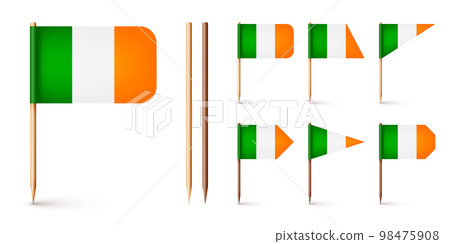 Realistic various Irish toothpick flags. Souvenir from Ireland. Wooden toothpicks with paper flag. Location mark, map pointer. Blank mockup for advertising and promotions. Vector illustration 98475908