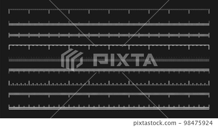 Various measurement scales with divisions. Realistic white scale for measuring length or height in centimeters, millimeters or inches. Ruler, tape measure marks, size indicators. Vector illustration 98475924