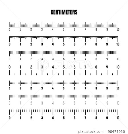 Realistic black centimeter scale for measuring length or height. Various measurement scales with divisions. Ruler, tape measure marks, size indicators. Vector illustration 98475930