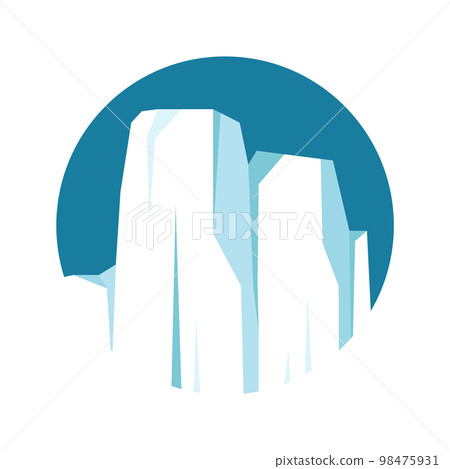 Round floating iceberg, drifting arctic glacier, block of frozen ocean water. Icy mountains with snow. Melting ice peak. Antarctic snowy landscape. South and North Pole. Vector illustration 98475931