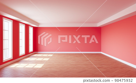 Empty Sunny Interior with Red Walls, Three Large Windows, White Ceiling Cornice, Glossy Herringbone Parquet Floor and a White Plinth. 3D illustration with a Work Path on the Windows, 8K Ultra HD 98475932