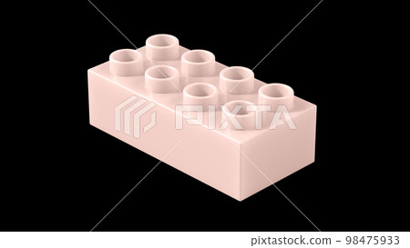 Blush Pink Plastic Lego Block Isolated on a Black Background. Children Toy Brick, Perspective View. Close Up View of a Game Block for Constructors. 3D illustration with a Work Path. 8K Ultra HD 98475933
