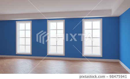 Blue Walls Interior, Three Large Windows, Light Glossy Herringbone Parquet Floor and a white Plinth. Beautiful Unfurnished Concept of the Room. 3D Illustration, Ultra HD 8K, 7680x4320, 300 dpi 98475941