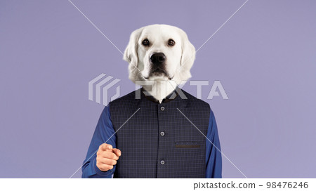 Stylish man with dog head pointing at camera Stylish man with dog head pointing at camera 98476246