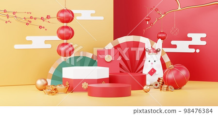 Happy Chinese new year 2023 with the year of Rabbit. Traditional Podium for showing product. Lunar new year red background decorate with Chinese texture, gold, coins, and zodiac sign. 3D render. 98476384