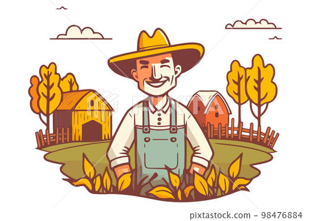 kind farmer on the background of his farm. barn and farmer house. 98476884