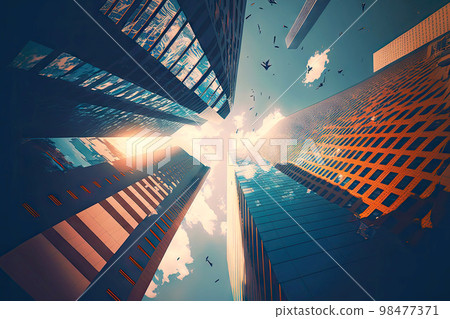 Panoramic low angle buildings of high residential buildings with hundreds of windows 98477371