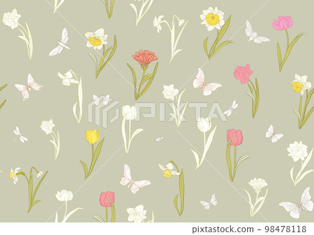 Daffodils and tulips flowers, the early spring flowers. Seamless pattern Daffodils and tulips flowers, the early spring flowers. Seamless pattern 98478118