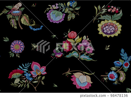 Fantasy flowers in retro, vintage, jacobean embroidery style. Fantasy flowers in retro, vintage, jacobean embroidery style. 98478136