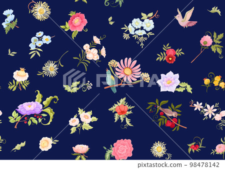 Fantasy flowers and birds in retro, vintage, jacobean embroidery style. Fantasy flowers and birds in retro, vintage, jacobean embroidery style. 98478142