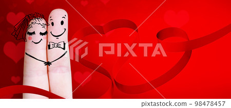 Happy finger couple in love with elegant ribbon. 3d illustration. Happy finger couple in love with elegant ribbon. 3d illustration. 98478457