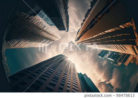 low angle buildings against backdrop of blue sky and white clouds 98478613