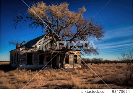 Bright blue sky on summer day and empty broken abandoned farm houses 98478634