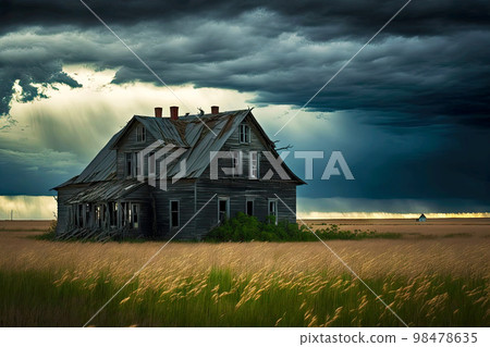 Gloomy summer day and lonely empty abandoned farm houses in field 98478635