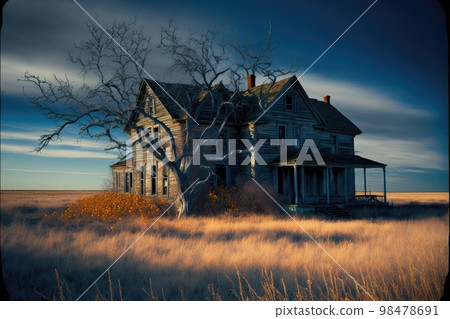 abandoned farm houses with nearby dry tree against blue sky abandoned farm houses with nearby dry tree against blue sky 98478691