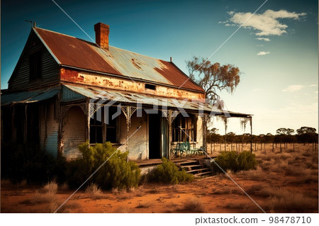 Small empty abandoned farm houses with rusty roof and grass around 98478710