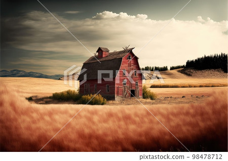 Village barn and abandoned farm houses made of red wood in field Village barn and abandoned farm houses made of red wood in field 98478712