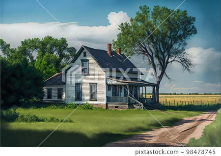 abandoned farm houses with porch and white painted walls 98478745