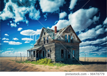 Small abandoned farm houses with pipe against background of blue sky with clouds 98478779