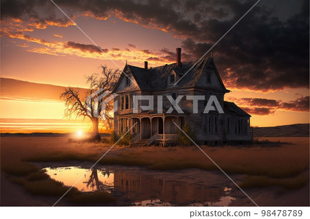 Large empty abandoned farm houses against backdrop of setting sun Large empty abandoned farm houses against backdrop of setting sun 98478789
