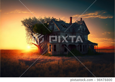 Large empty abandoned farm houses against backdrop of setting sun Large empty abandoned farm houses against backdrop of setting sun 98478800