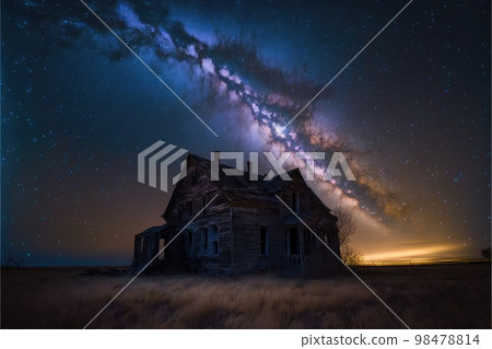 Uninhabitable old wooden abandoned farm houses in field 98478814