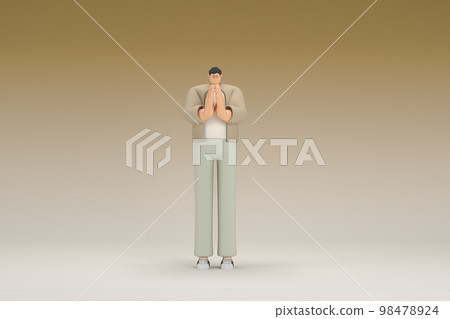 A man with glasses wearing brown cloth. He is expression of hand when talking. 3d rendering of cartoon character in acting. A man with glasses wearing brown cloth. He is expression of hand when talking. 3d rendering of cartoon character in acting. 98478924