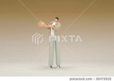 A man with glasses wearing brown cloth. He is expression of hand when talking. 3d rendering of cartoon character in acting. A man with glasses wearing brown cloth. He is expression of hand when talking. 3d rendering of cartoon character in acting. 98478926