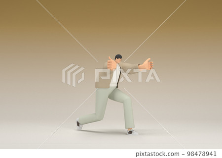 A man with glasses wearing brown cloth.  He is pulling or pushing something.  3d rendering of cartoon character in acting. 98478941