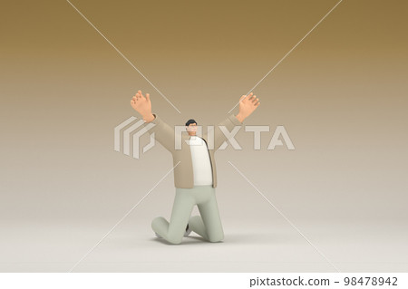 A man with glasses wearing brown cloth is praying. 3d rendering of cartoon character in acting. 98478942
