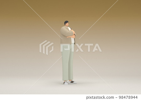 A man with glasses wearing brown cloth. He is expression of hand when talking. 3d rendering of cartoon character in acting. 98478944
