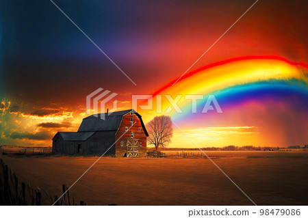 Beautiful multi-colored rainbow over wooden lonely abandoned farm houses 98479086
