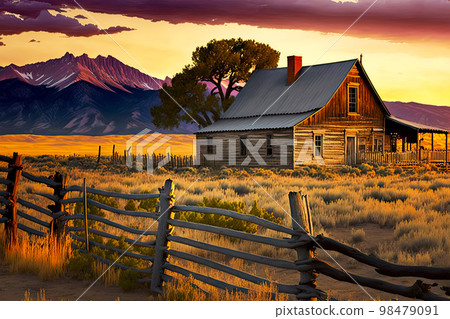 Deserted wooden abandoned farm houses against backdrop of mountain fells 98479091