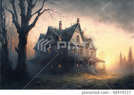 Old gloomy abandoned farm houses in hazy at sunset Old gloomy abandoned farm houses in hazy at sunset 98479137