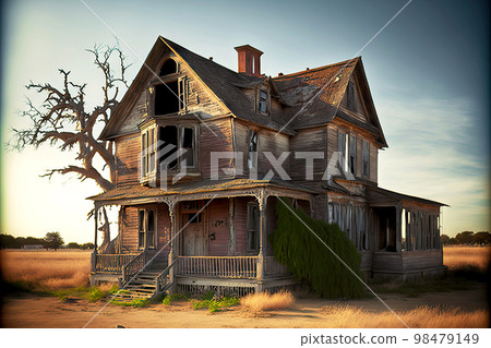 Dry gnarled wood next to wooden ruined abandoned farm houses 98479149