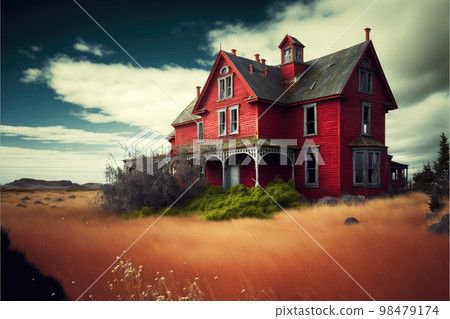 Large abandoned farm houses with red wooden walls Large abandoned farm houses with red wooden walls 98479174