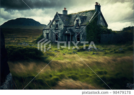 Green grass field with abandoned farm houses inclement day Green grass field with abandoned farm houses inclement day 98479178