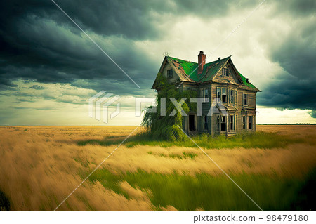 Standing in middle of flat field abandoned farm houses with green walls Standing in middle of flat field abandoned farm houses with green walls 98479180