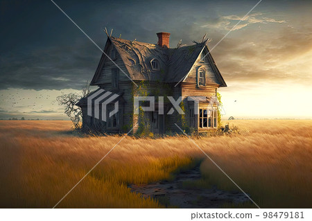 Standing in middle of flat field abandoned farm houses with green walls Standing in middle of flat field abandoned farm houses with green walls 98479181