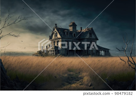 Gloomy inclement day and lonely abandoned farm houses in field Gloomy inclement day and lonely abandoned farm houses in field 98479182