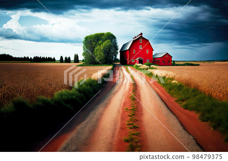 Long village dirt road leading to abandoned farm houses 98479375