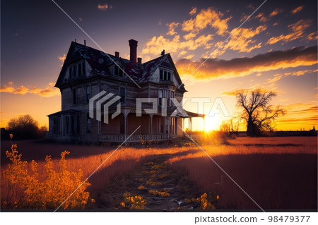 Evening sunset landscape with shabby abandoned farm houses with chimney 98479377