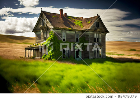 Overgrown with green plants old wooden abandoned farm houses 98479379