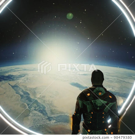 Man looks at a planet from space render 3d Man looks at a planet from space render 3d 98479380