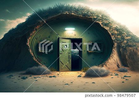 Dug into mound abandoned bunker with metal open door Dug into mound abandoned bunker with metal open door 98479507
