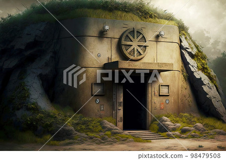 Dug into mound abandoned bunker with metal open door Dug into mound abandoned bunker with metal open door 98479508