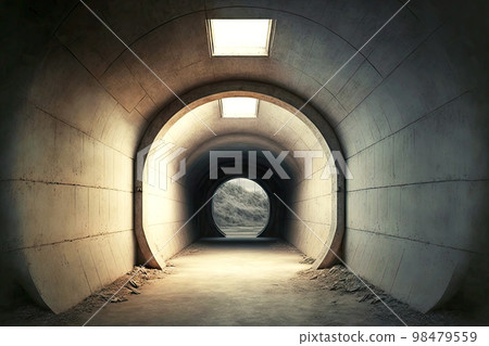 Concrete corridors and illuminated rooms in abandoned bunker 98479559